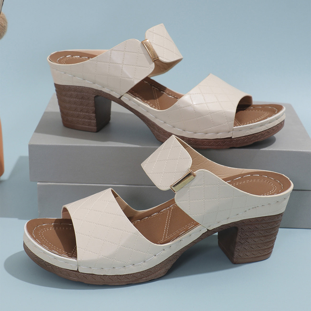 Sandales Talon Large Plaid - Confort Été
