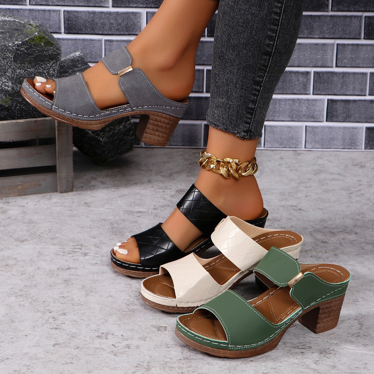 Sandales Talon Large Plaid - Confort Été