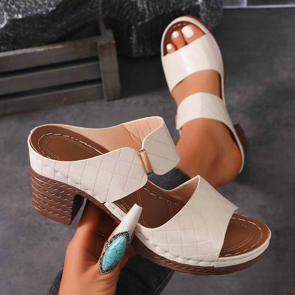 Sandales Talon Large Plaid - Confort Été
