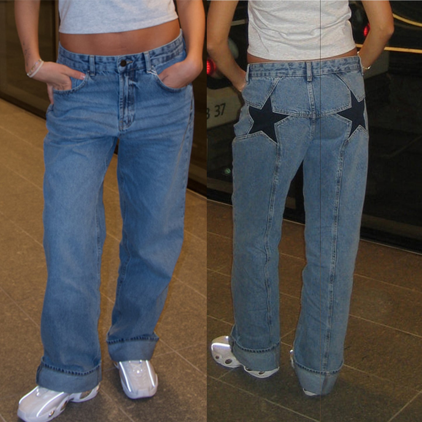 Pantalon Ample à Étoiles Contrastantes – Style Décontracté et Tendance