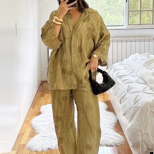 Ensemble Oversize en Jacquard Vert Olive – Élégance Texturée