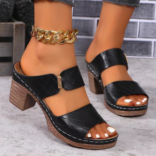 Sandales Talon Large Plaid - Confort Été